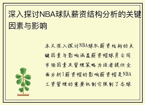 深入探讨NBA球队薪资结构分析的关键因素与影响